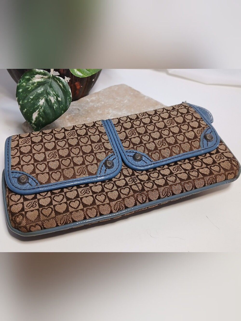 Vintage BRIGHTON Canvas Heart Print Clutch Wallet Teal Leather Trim NUC